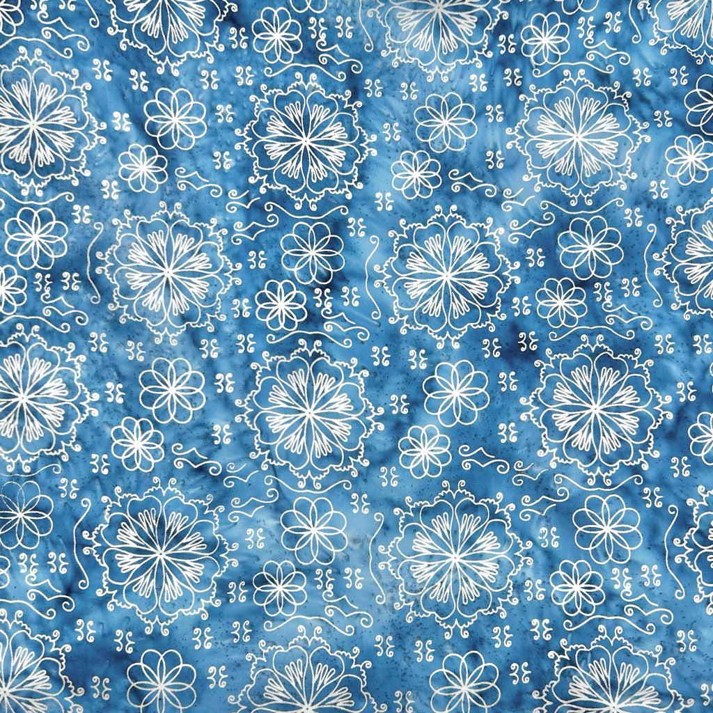 Abstract Flowers on Blue Cotton Batik Fabric