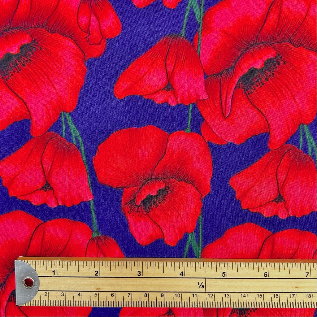 Red Blossom on Navy Viscose Fabric