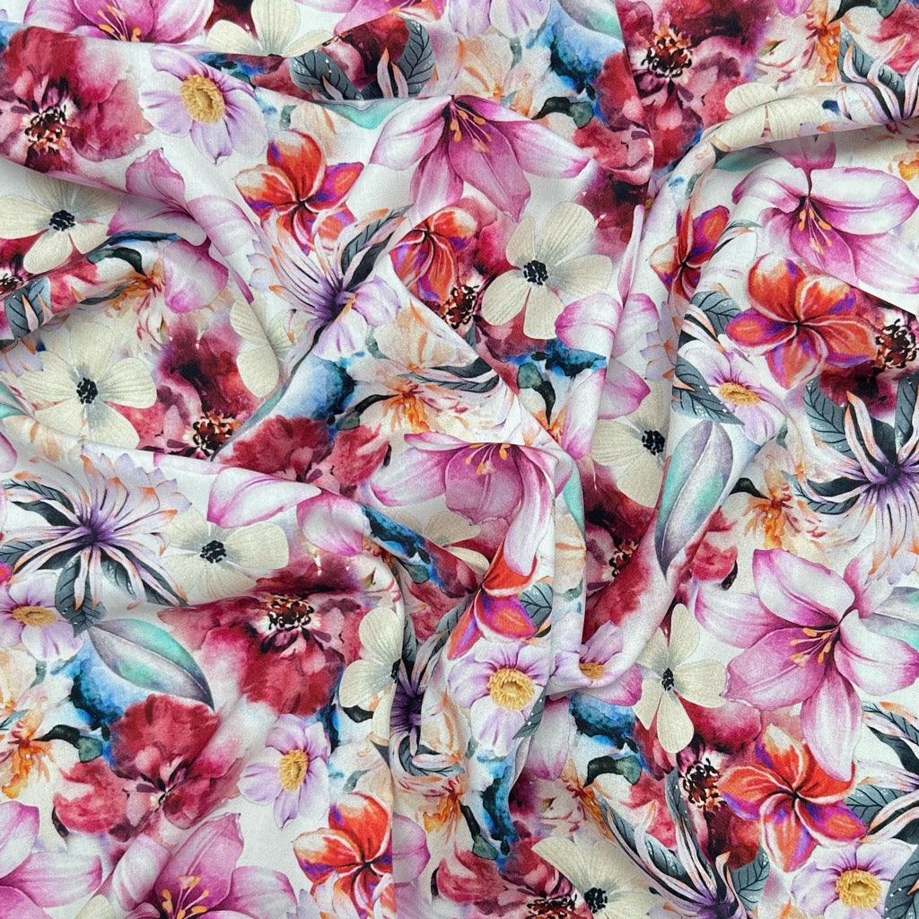 Pink Flower Haven Viscose Challis Fabric - Pound Fabrics