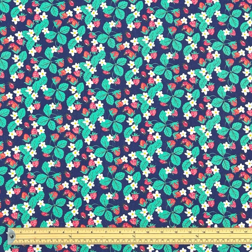 Strawberries and Daisies on Navy Polycotton Fabric - Pound Fabrics