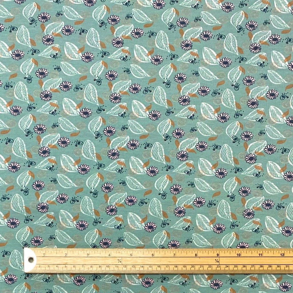 Flowers and Leaves on Dusky Mint Organic Cotton Jersey Fabric