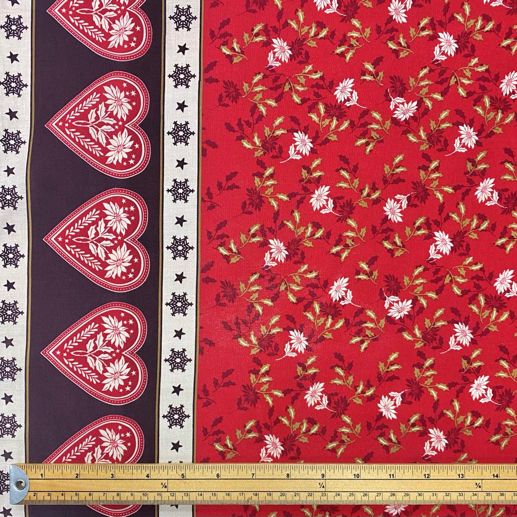 Xmas Red Flowers Double Border Cotton Fabric - Pound Fabrics