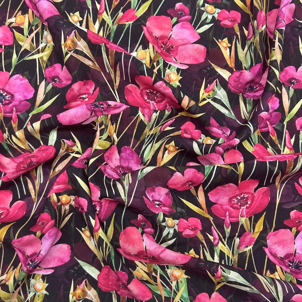 Pink/Purple Flowers on Black Viscose Challis Fabric - Pound Fabrics