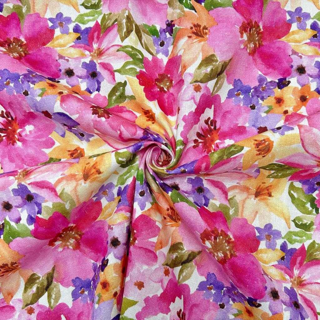 Bright Pink Blooms Linen Viscose Fabric - Pound Fabrics