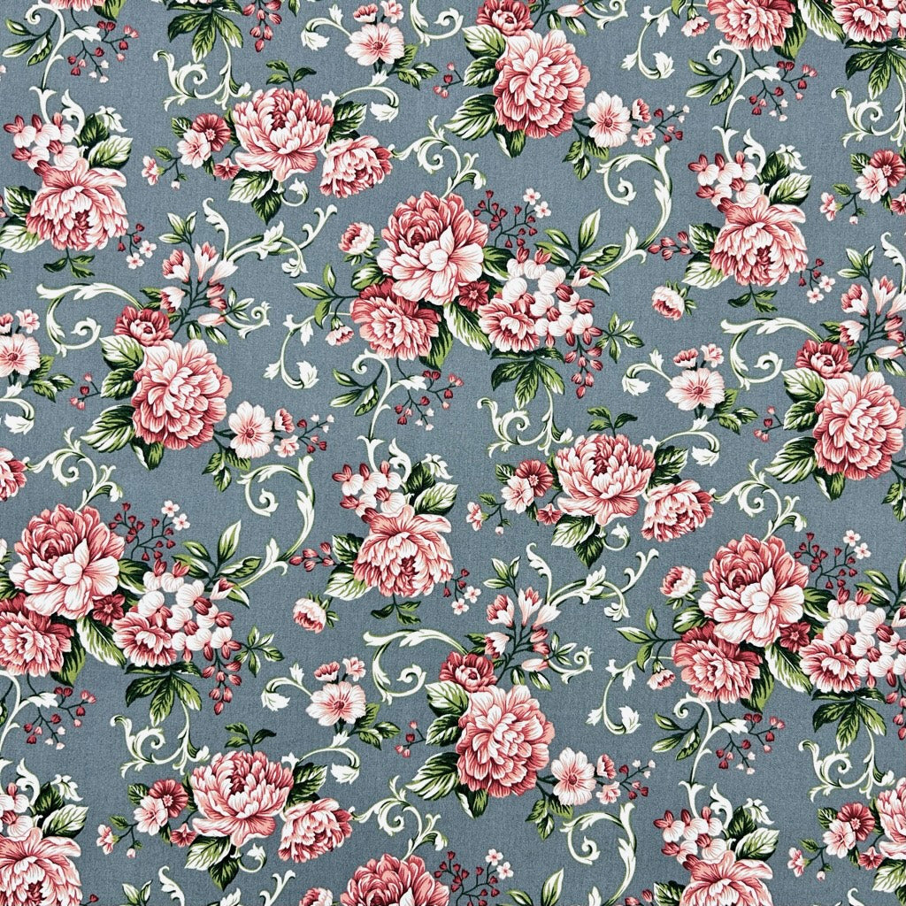 Floral Scroll Rose & Hubble Cotton Poplin Fabric