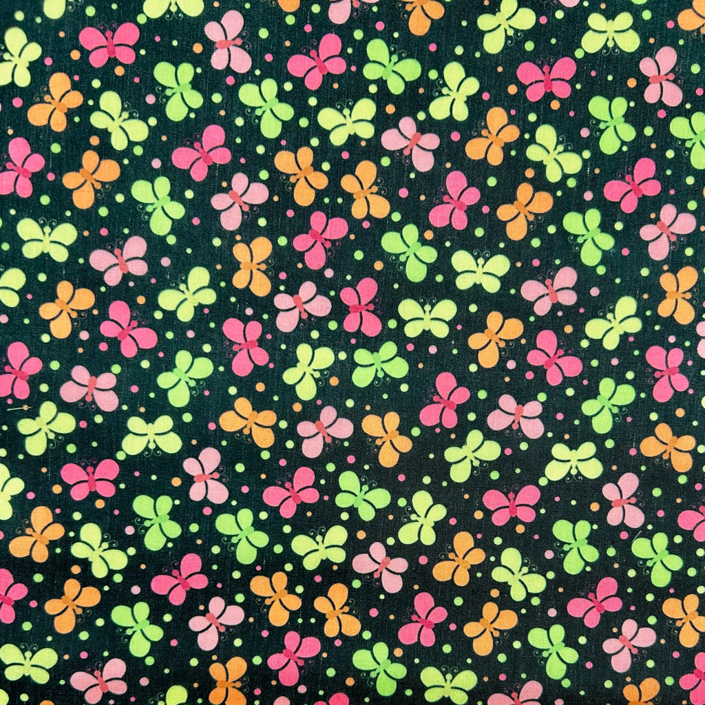 Butterfly Burst on Black Polycotton Fabric