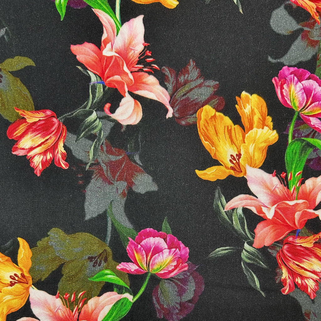 Tulips on Black Viscose Twill Fabric