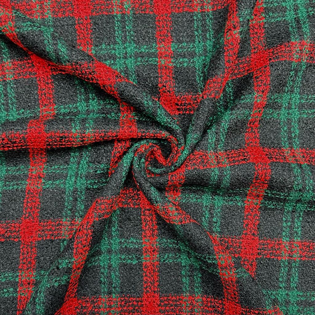 Red/Green Check on Black Boucle Fabric - Pound Fabrics