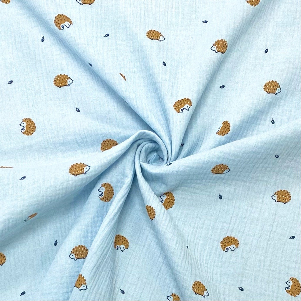Hedgehogs on Light Blue Double Gauze Fabric