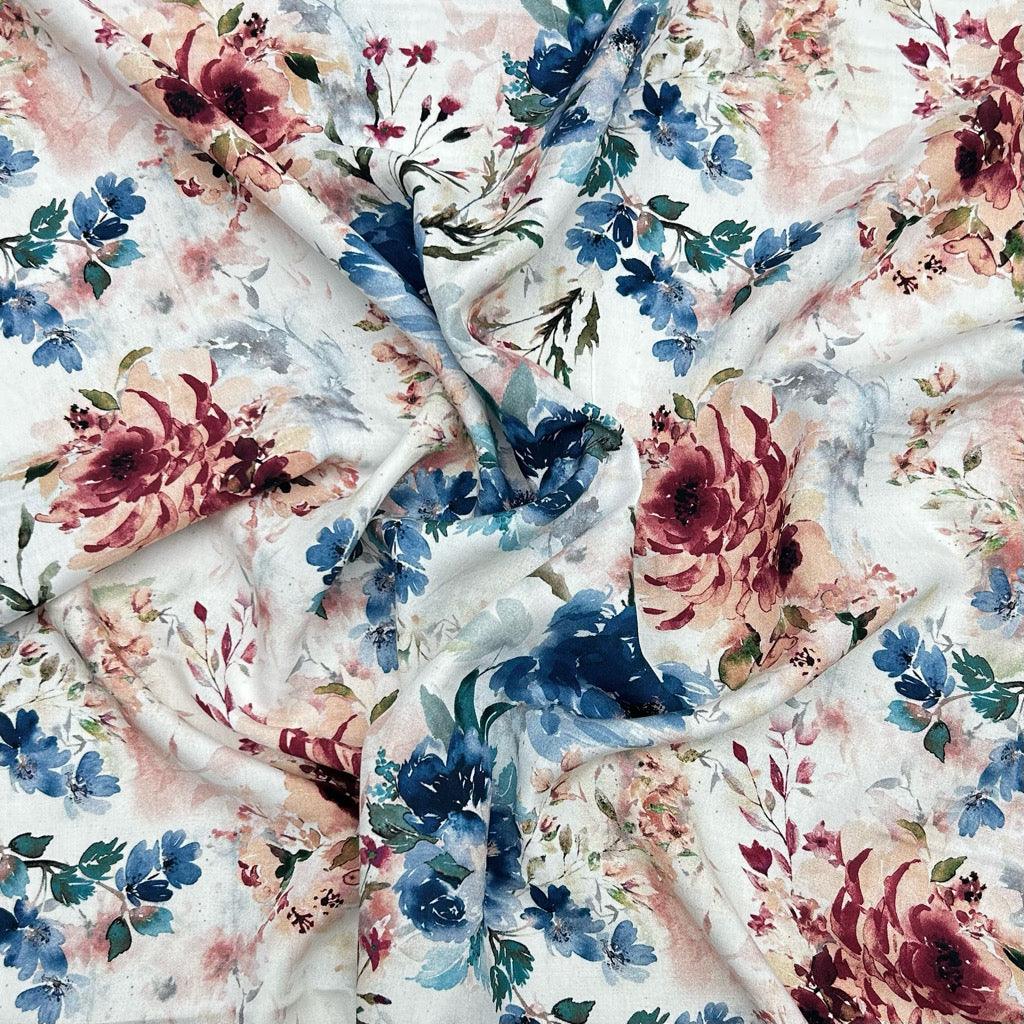 Floral Elegance on White Viscose Challis Fabric - Pound Fabrics