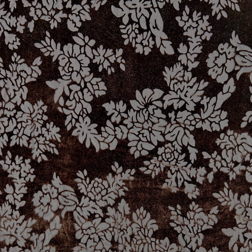 Serene Bloom on Brown Burnout Velour Fabric