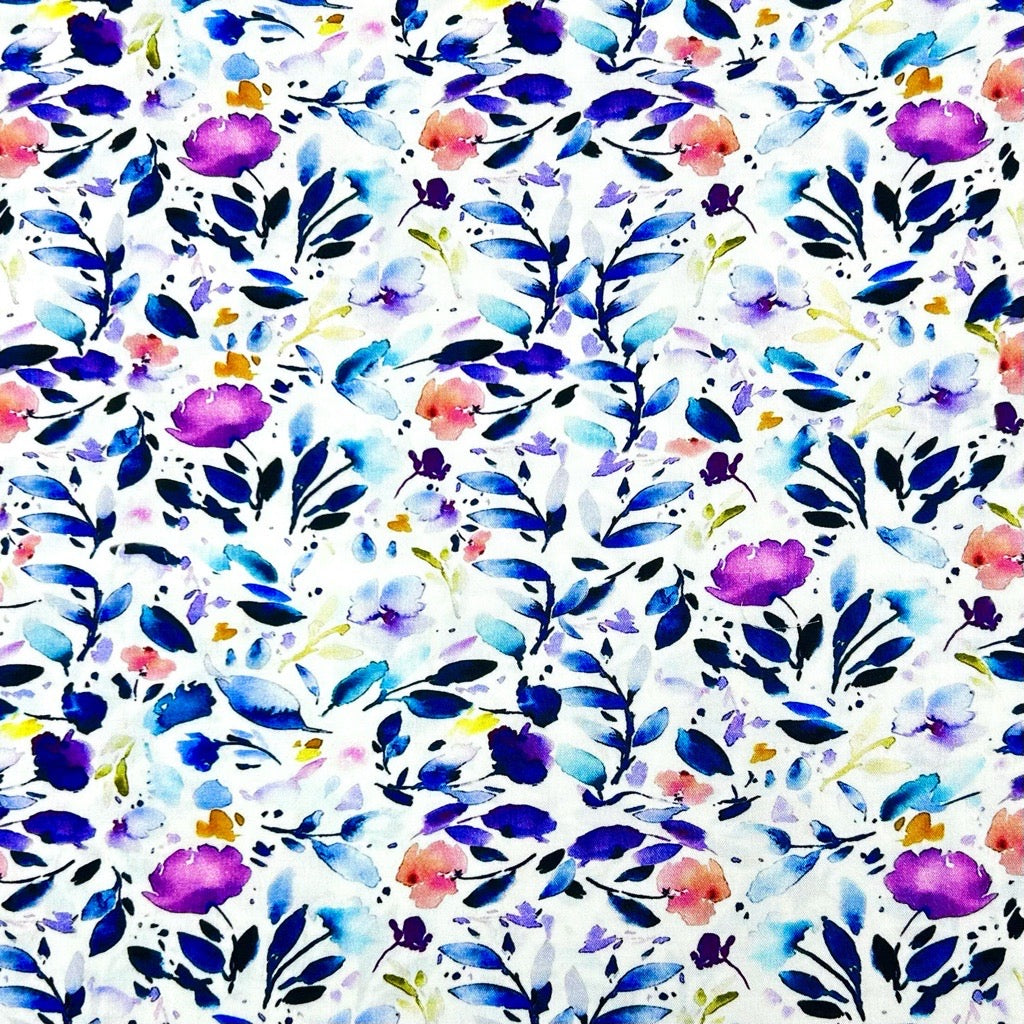 Purple Flowers on White Stretch Viscose Twill Fabric - Pound Fabrics