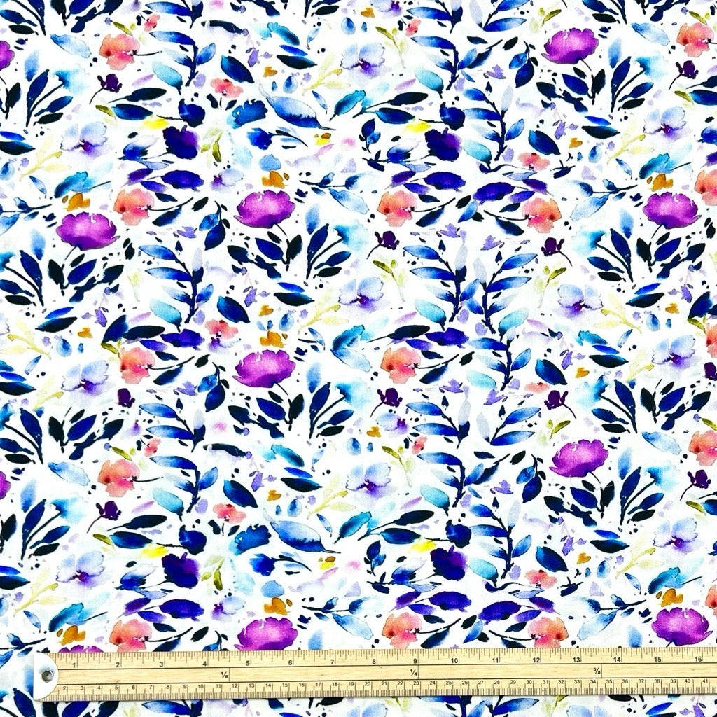 Purple Flowers on White Stretch Viscose Twill Fabric - Pound Fabrics