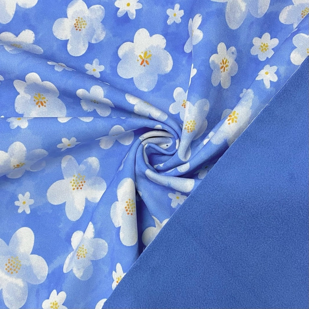 Watercolour Daisies on Blue Softshell Fabric