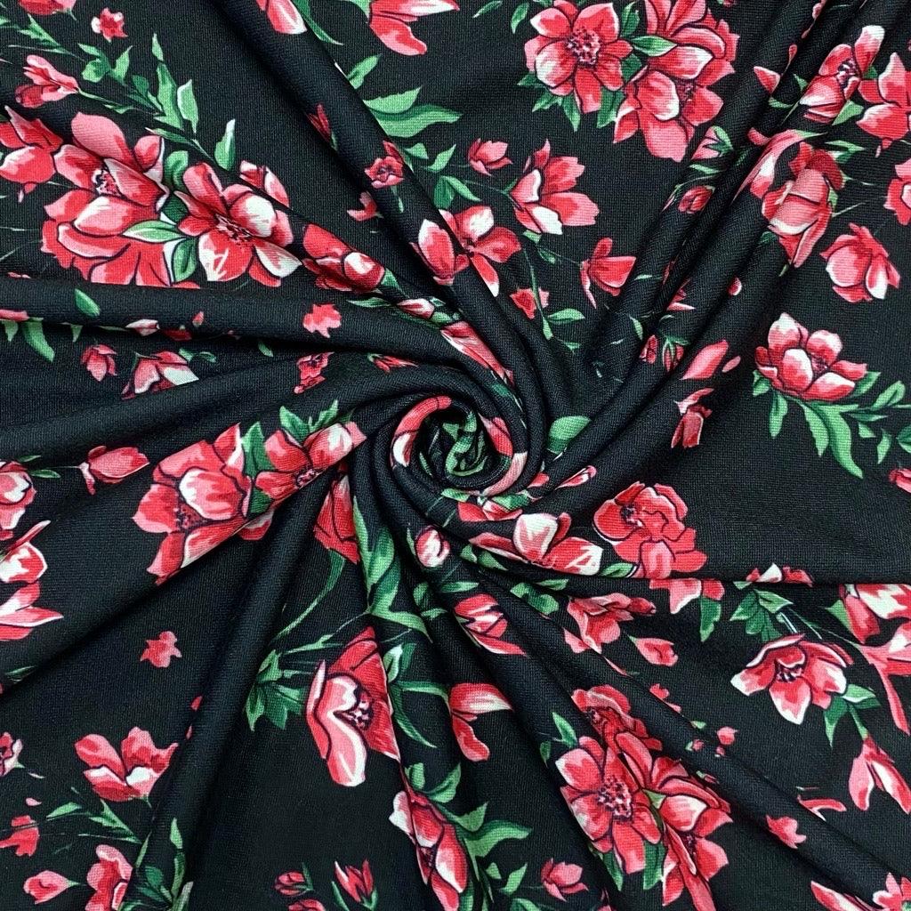 Roses on Black Soft Knit Fabric - 2m Pre-cut - Pound Fabrics
