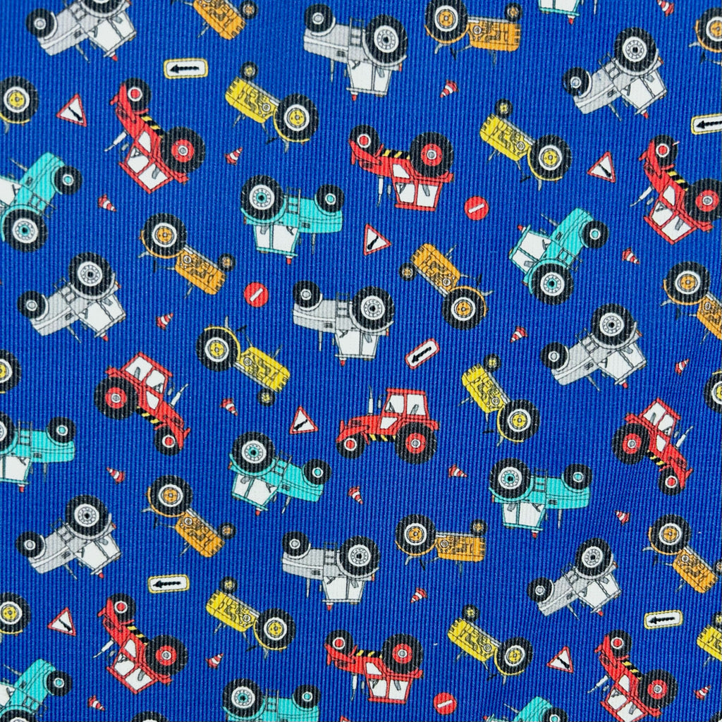 Mini Tractors on Blue Needlecord Fabric