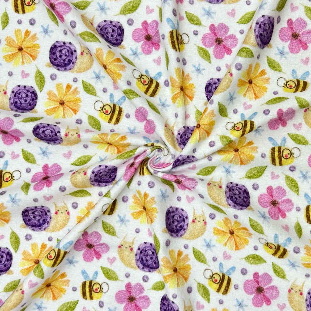 Bee and Snail Garden Brushed Cotton Fabric - Pound Fabrics