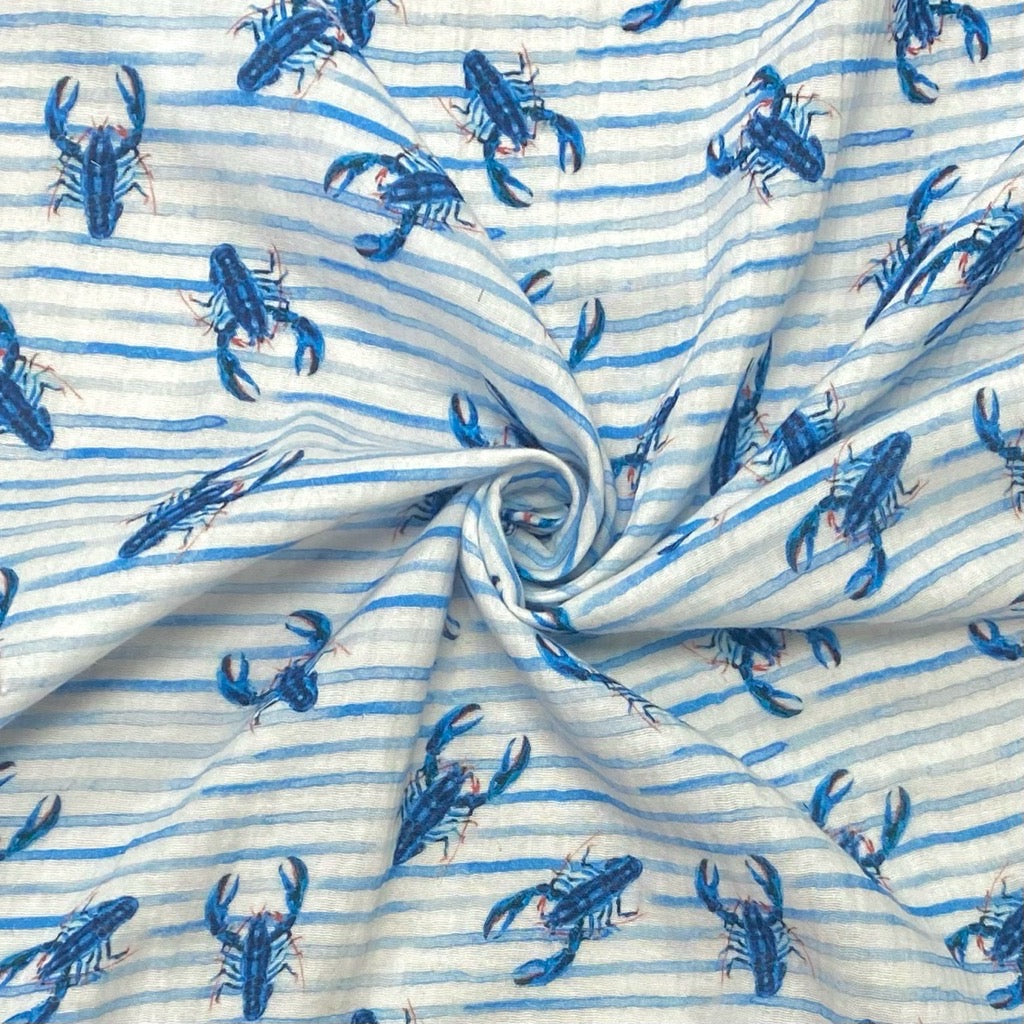 Blue Lobsters on Striped White Double Gauze Fabric