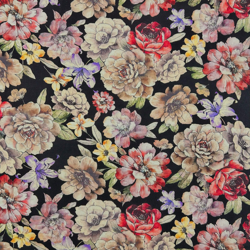 Bright Floral on Black Linen Viscose Fabric