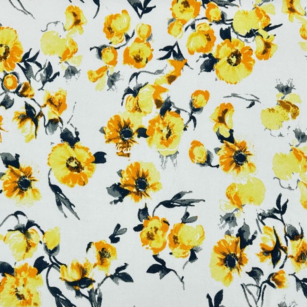 Yellow Flowers on White Jersey Fabric - Pound Fabrics