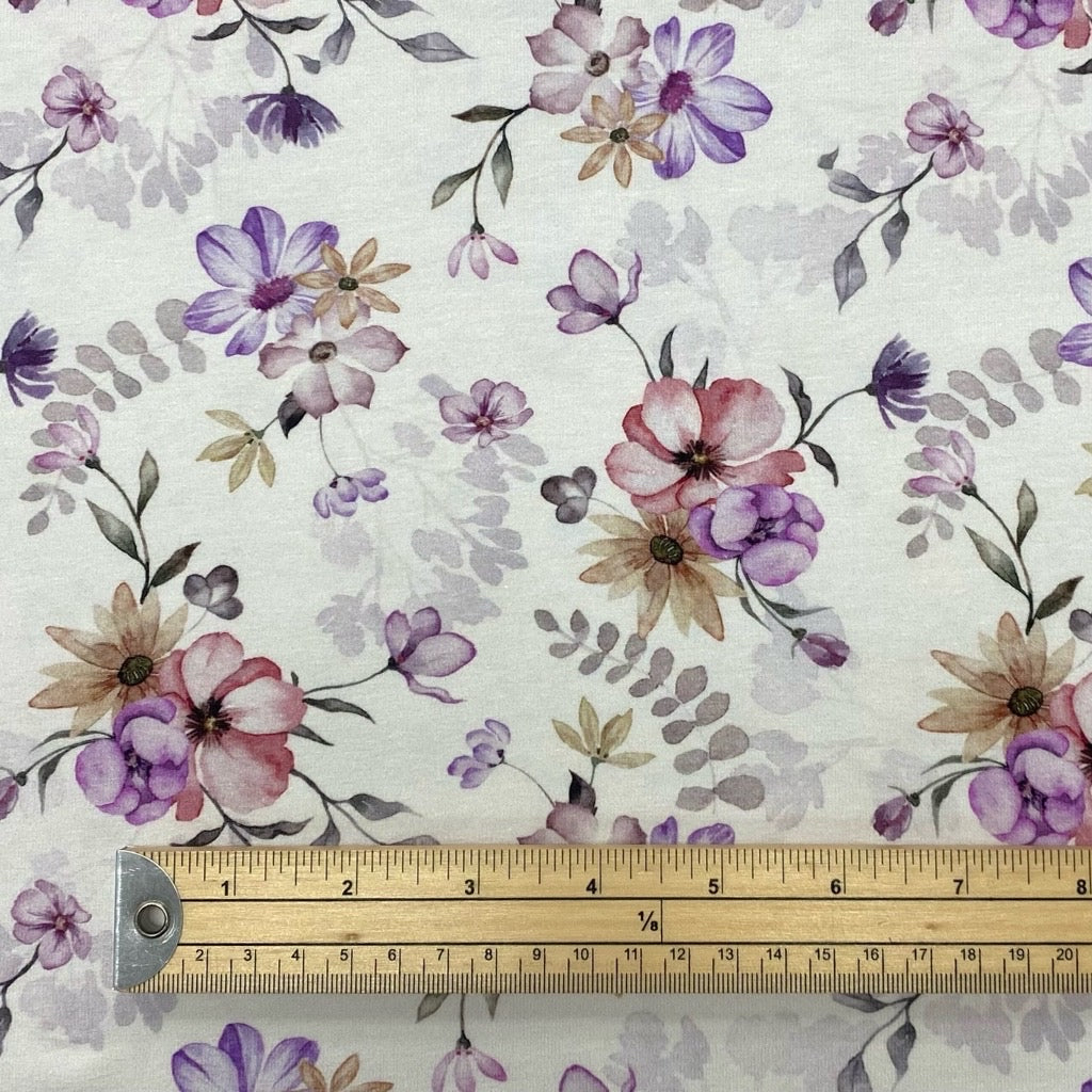 Flower Haven on White Organic Cotton Jersey Fabric