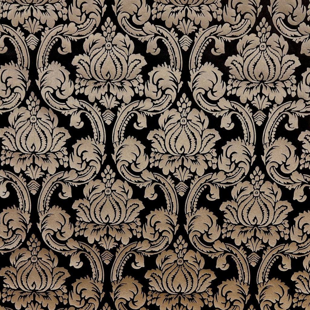 Golden Bloom on Black Velvet Velour Fabric