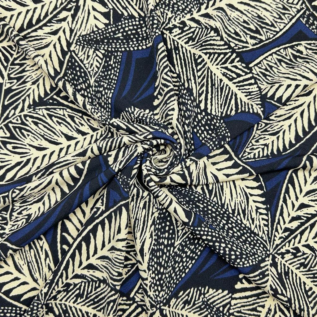 Beige Leaves on Navy Jersey Fabric - Pound Fabrics