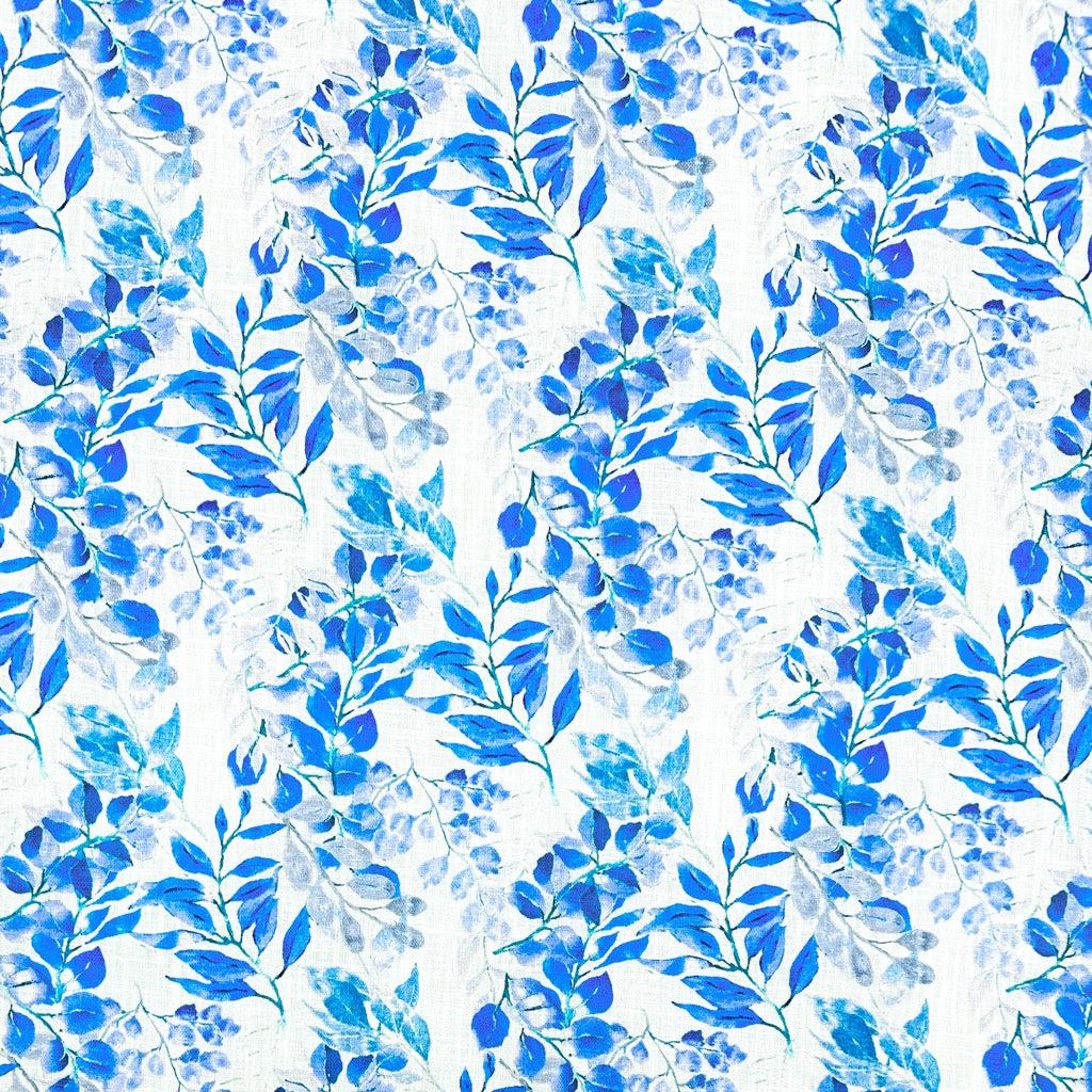 Blue Leaves on White Linen Blend Fabric - Pound Fabrics