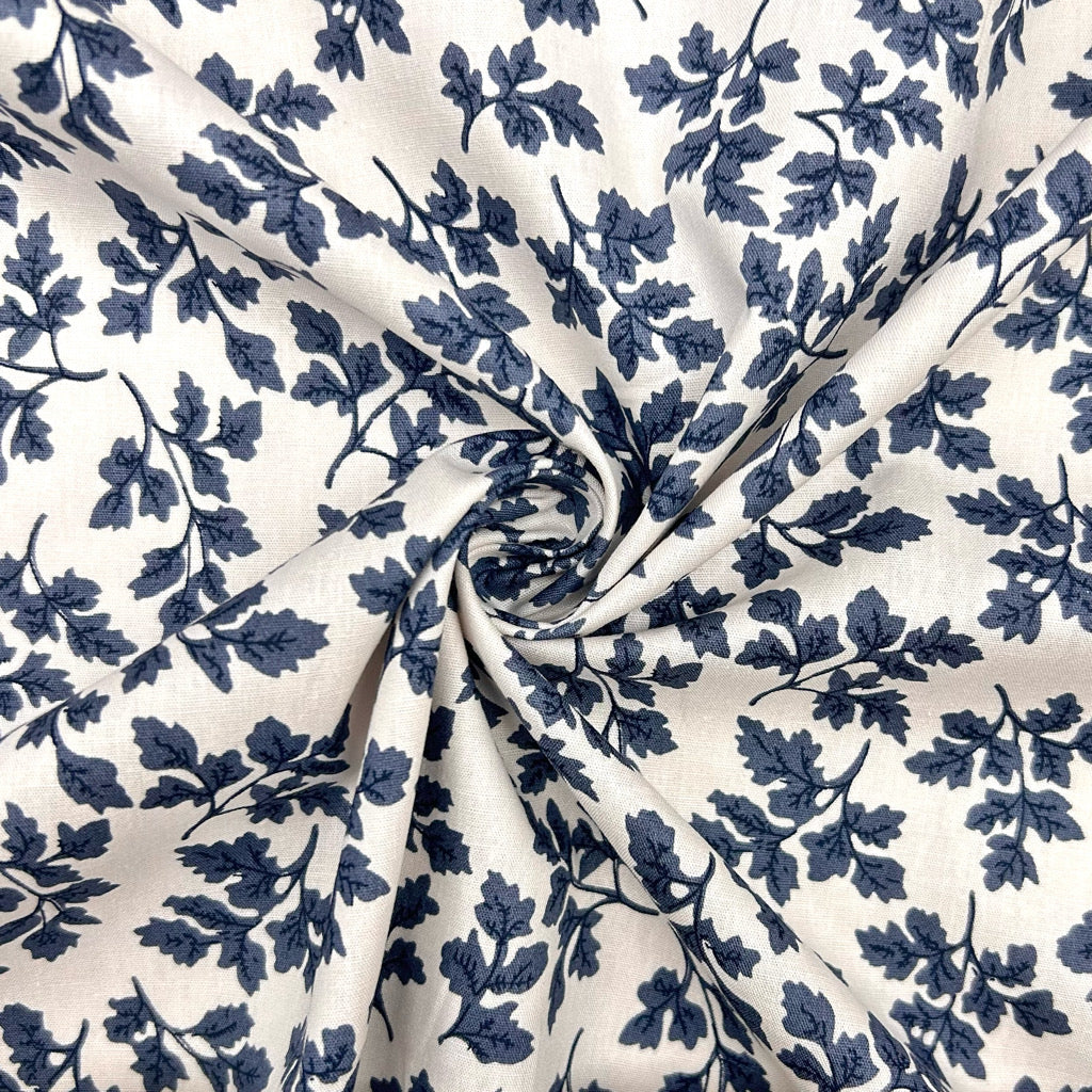 Blue Flowers on Ivory Cotton Poplin Fabric