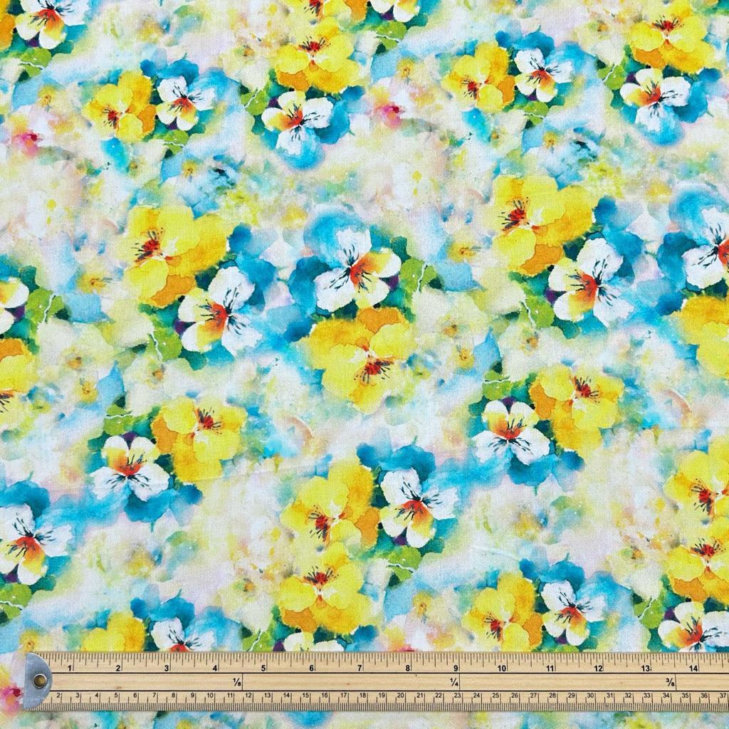 Blue and Yellow Blooms Viscose Challis Fabric - Pound Fabrics