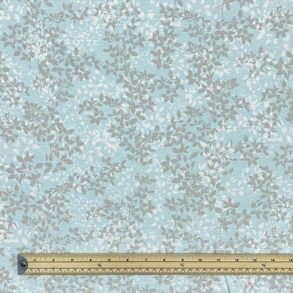 Leafy Scenery on Blue 100% Cotton Jersey Fabric