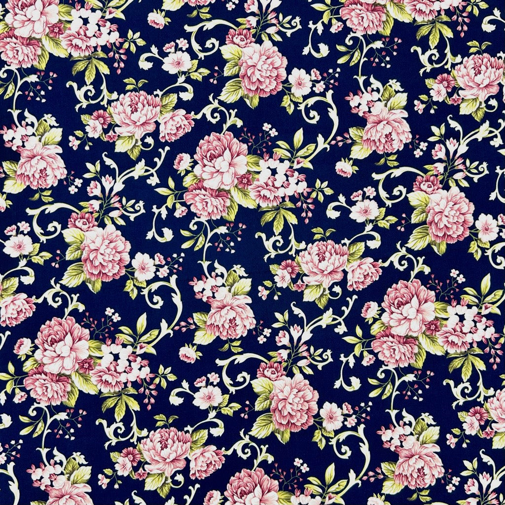 Floral Scroll Rose & Hubble Cotton Poplin Fabric