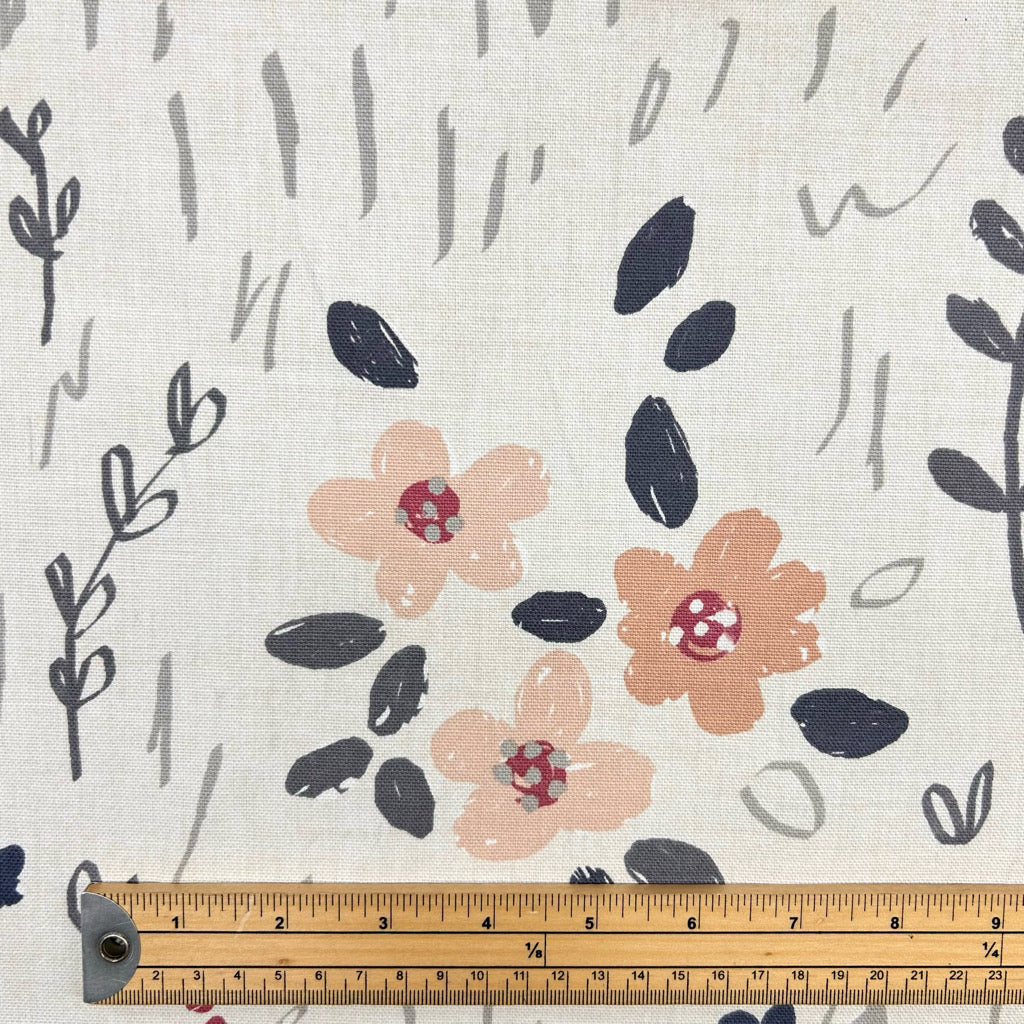 Flower Drawings on Ivory Cotton Furnishing Fabric