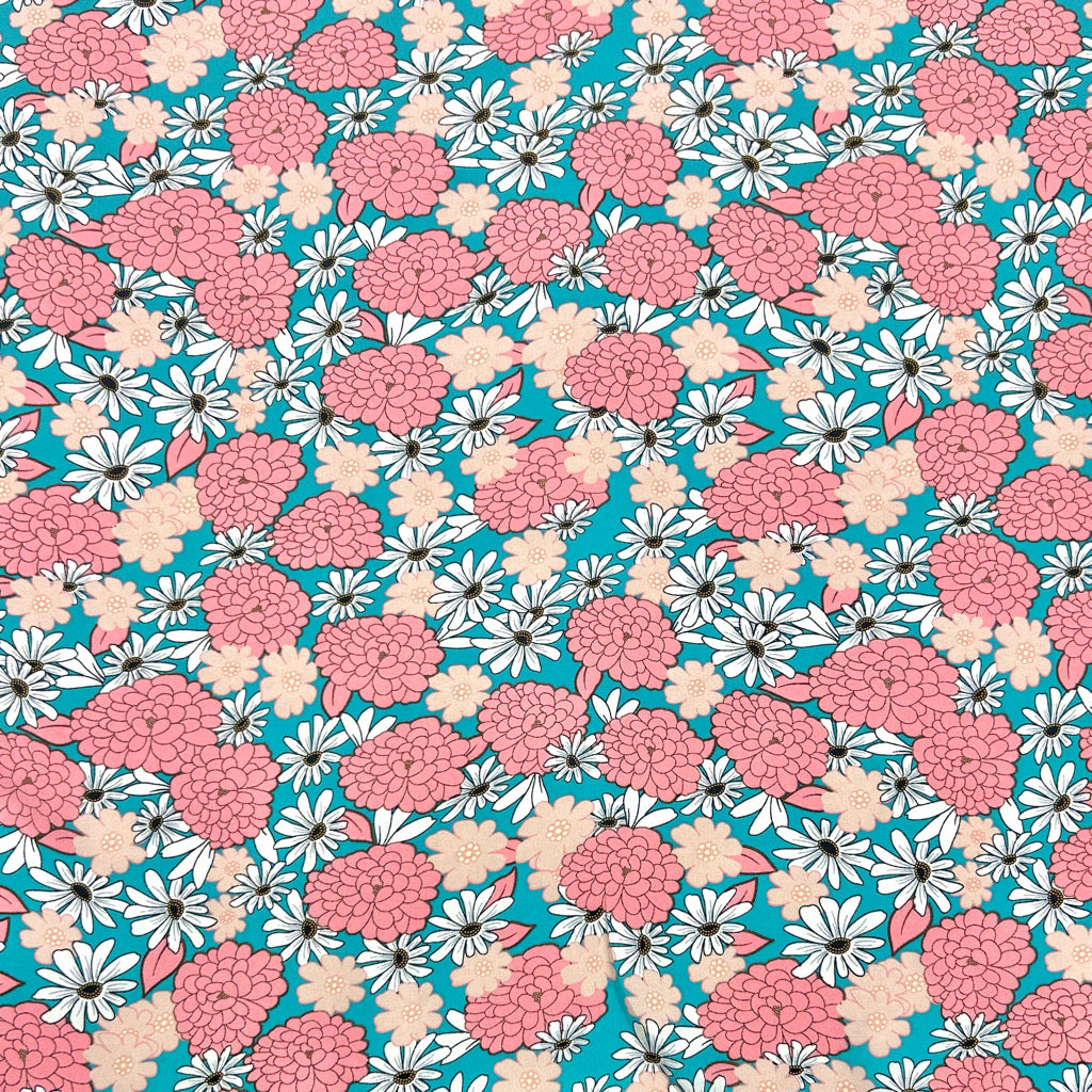 Pink and White Flowers on Teal Crepe Fabric