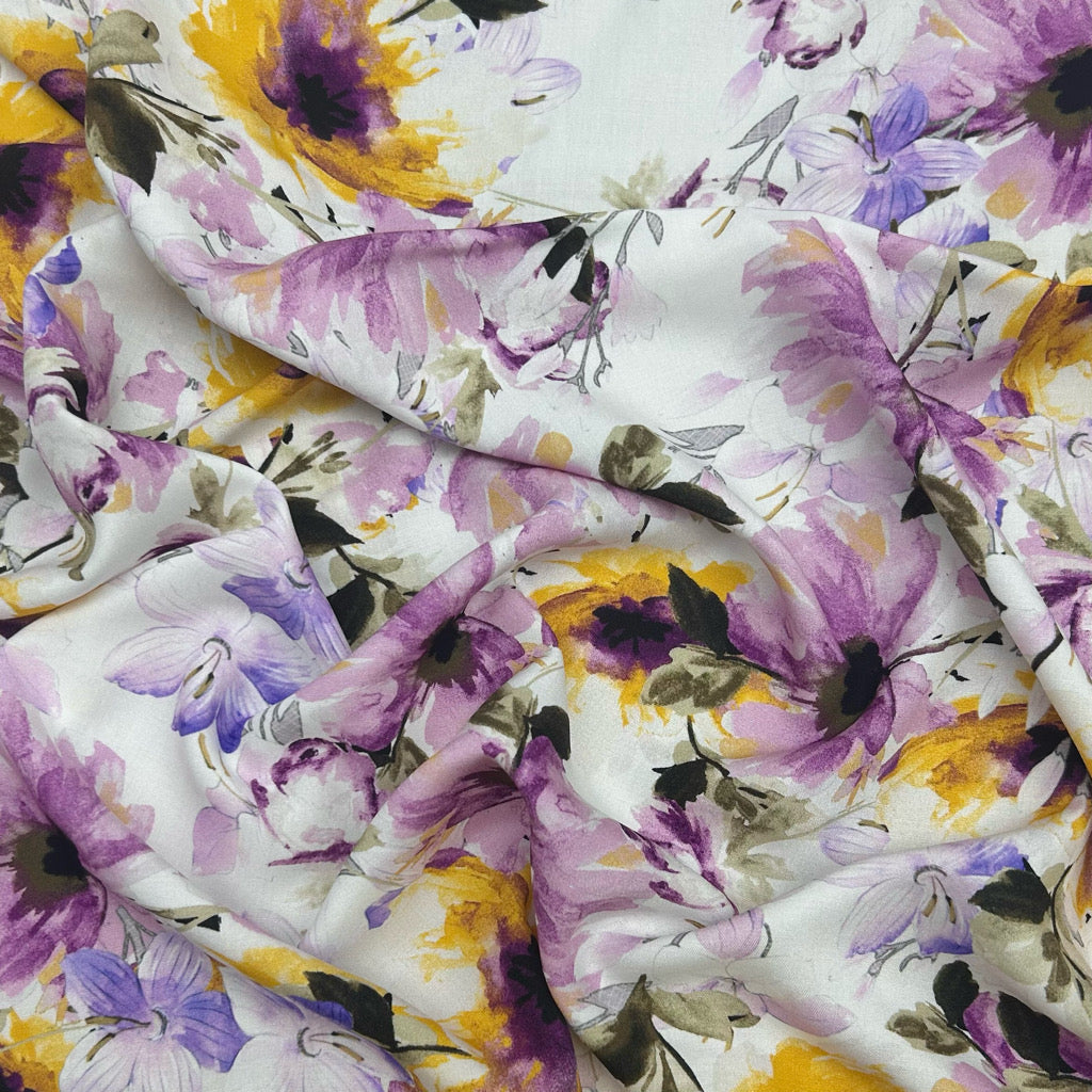 Flower Paintings on White Viscose Challis Fabric