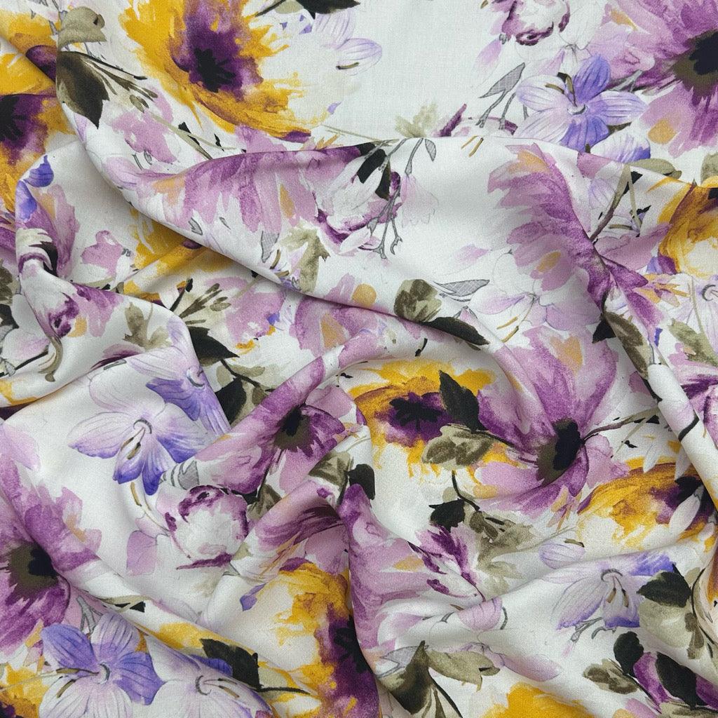 Flower Paintings on White Viscose Challis Fabric - Pound Fabrics