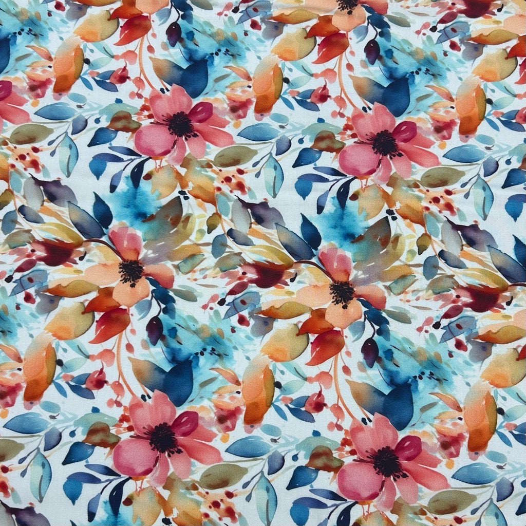 Multicoloured Meadow on White Viscose Challis Fabric