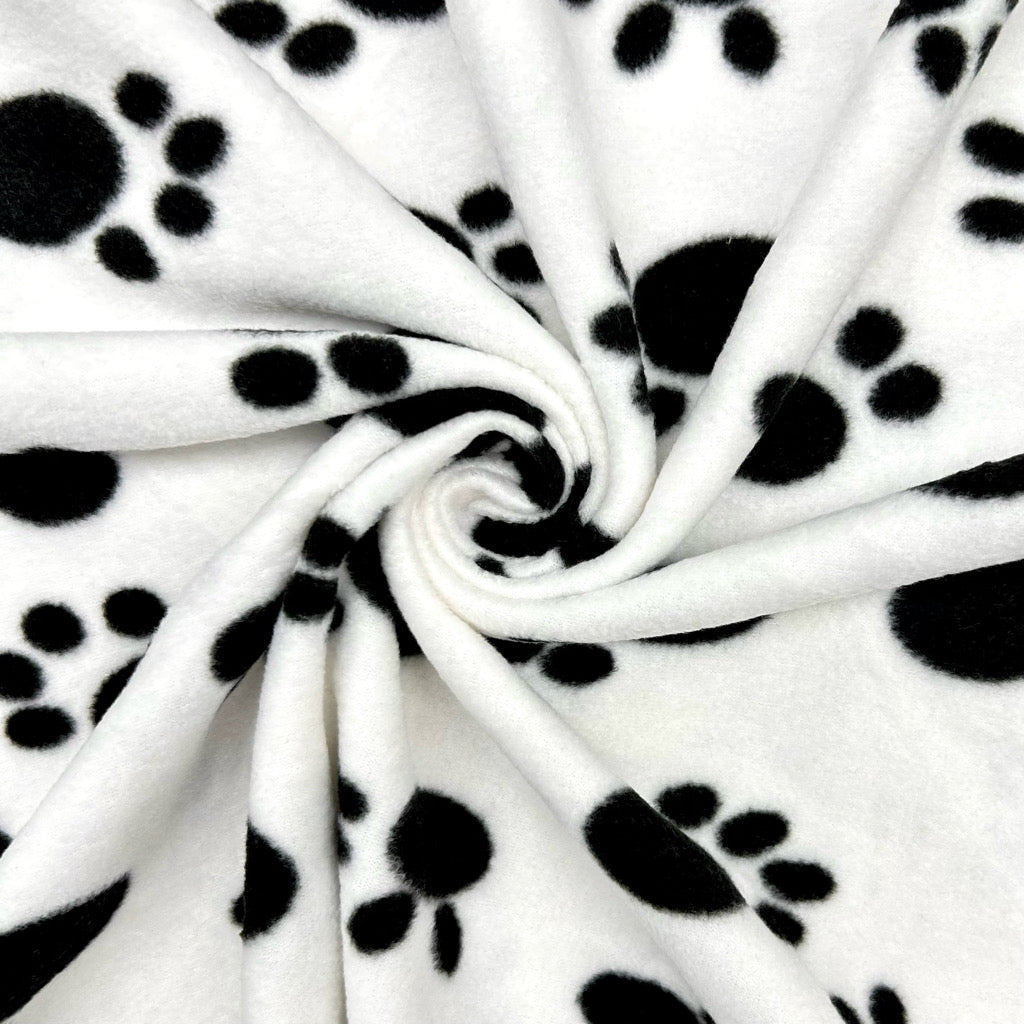 Black Paws on White Anti Pill Polar Fleece Fabric