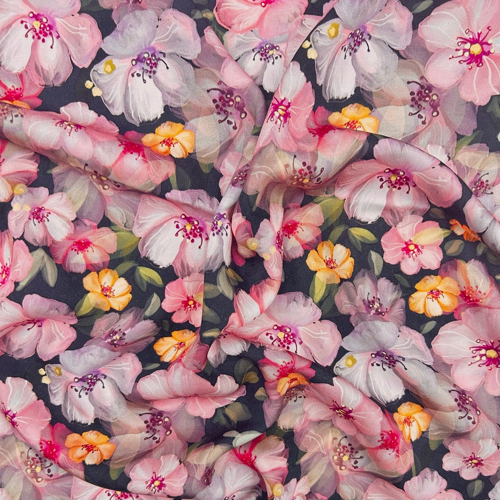 Cherry Blossom Viscose Satin Fabric