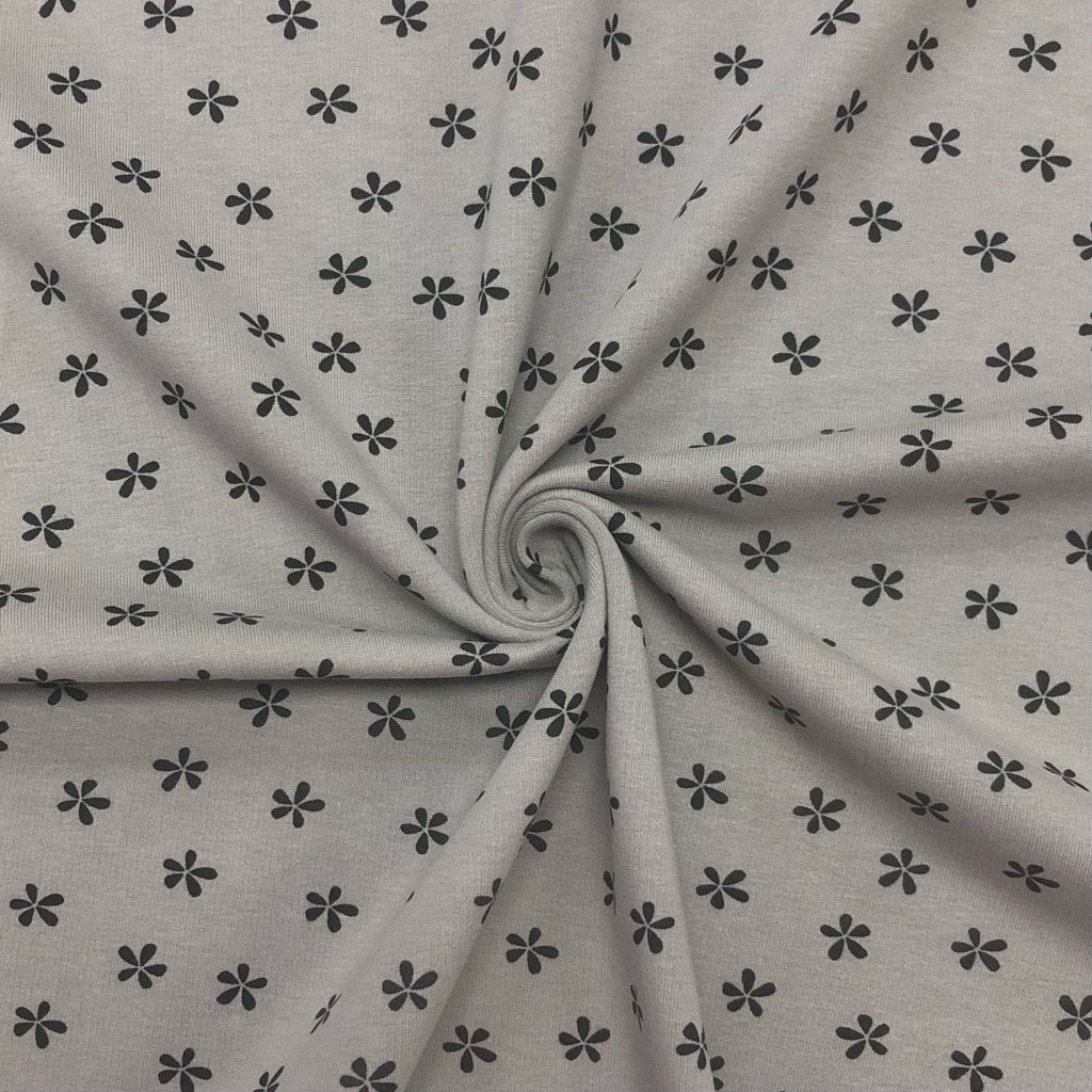 Black Simple Flowers on Grey Sweatshirt Fabric