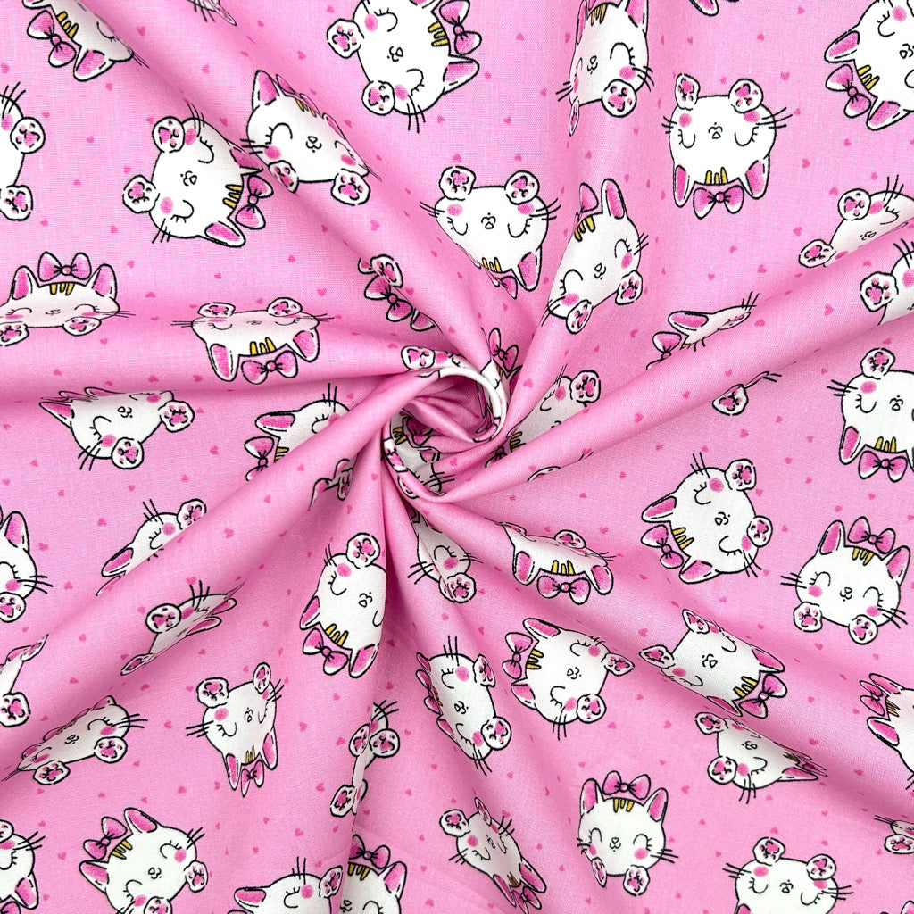 Kitty Faces Rose & Hubble Cotton Poplin Fabric