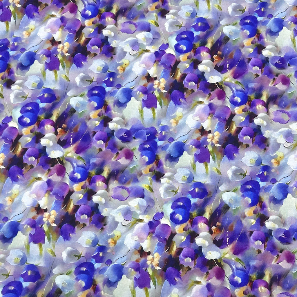 Blue and Purple Flowers Viscose Challis Fabric