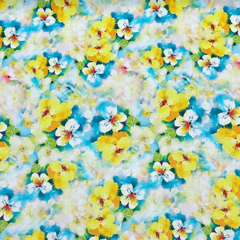 Blue and Yellow Blooms Viscose Challis Fabric - Pound Fabrics