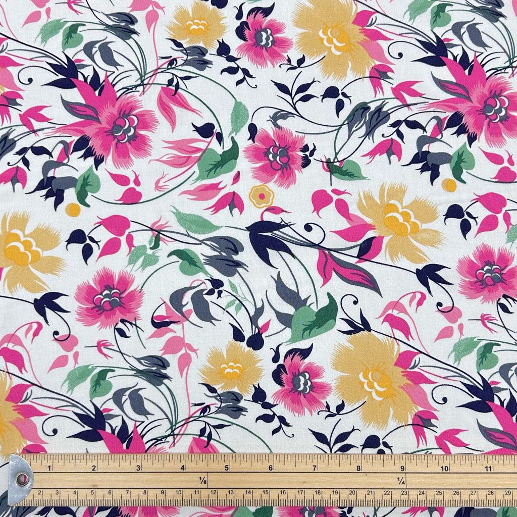 Pink and Yellow Floral on White Viscose Challis Fabric - Pound Fabrics