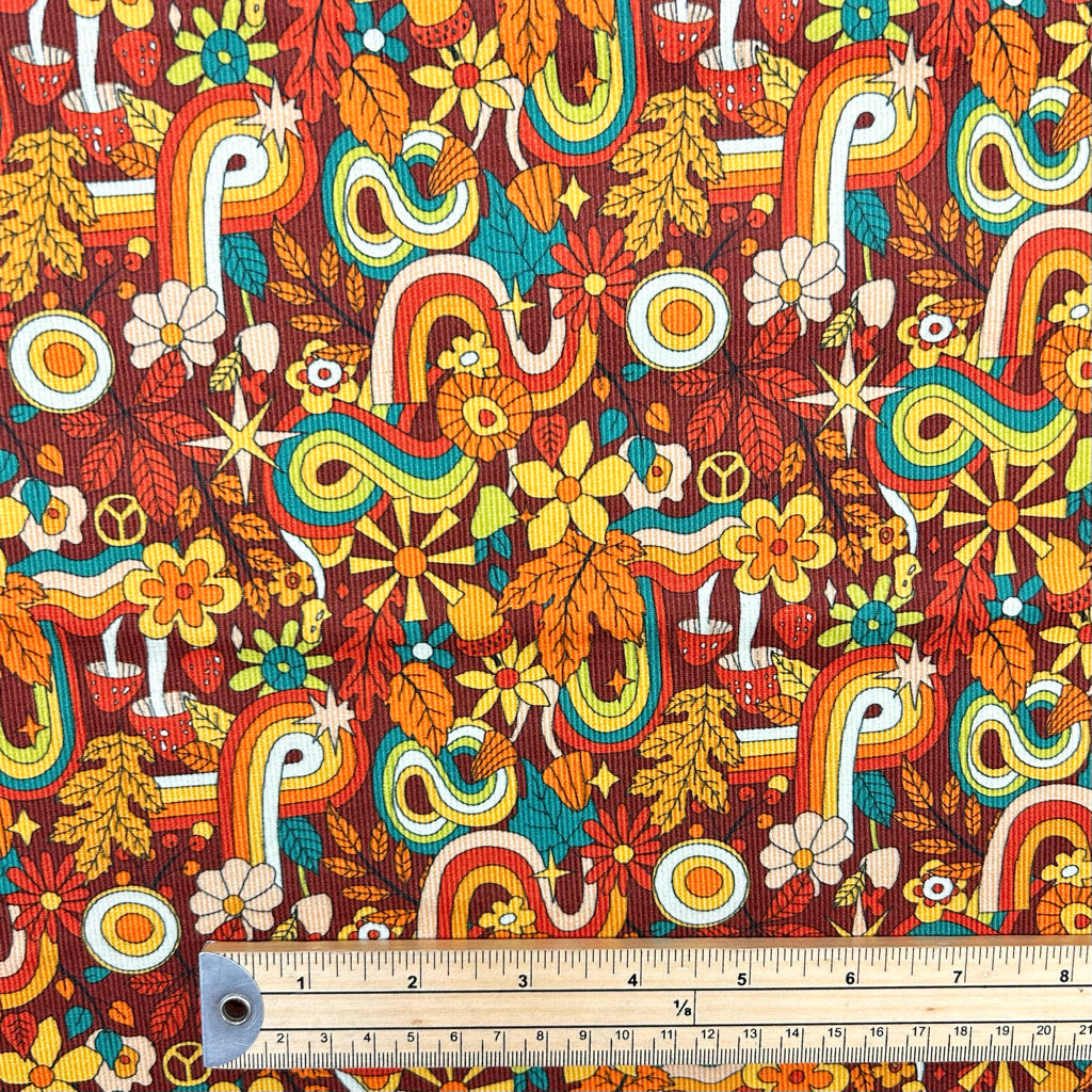 Retro Autumn on Brown Needlecord Fabric