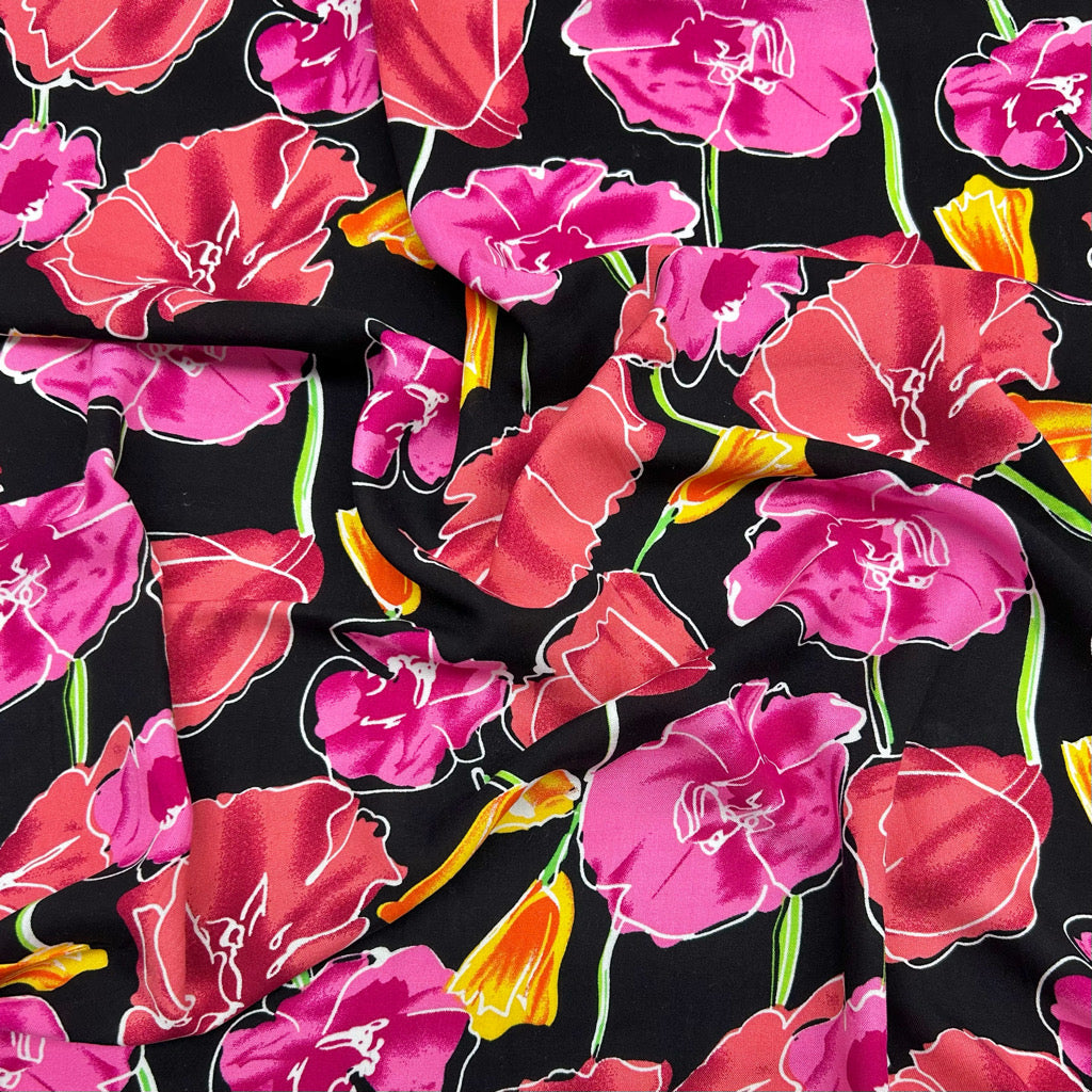 Flower Drawings on Black Viscose Challis Fabric