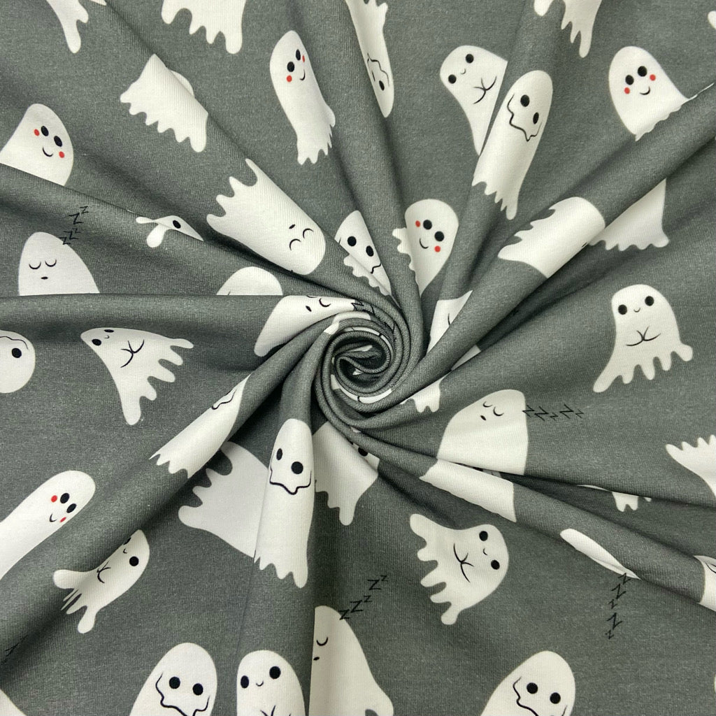 Ghosts on Grey Brushed Cotton Jersey Fabric