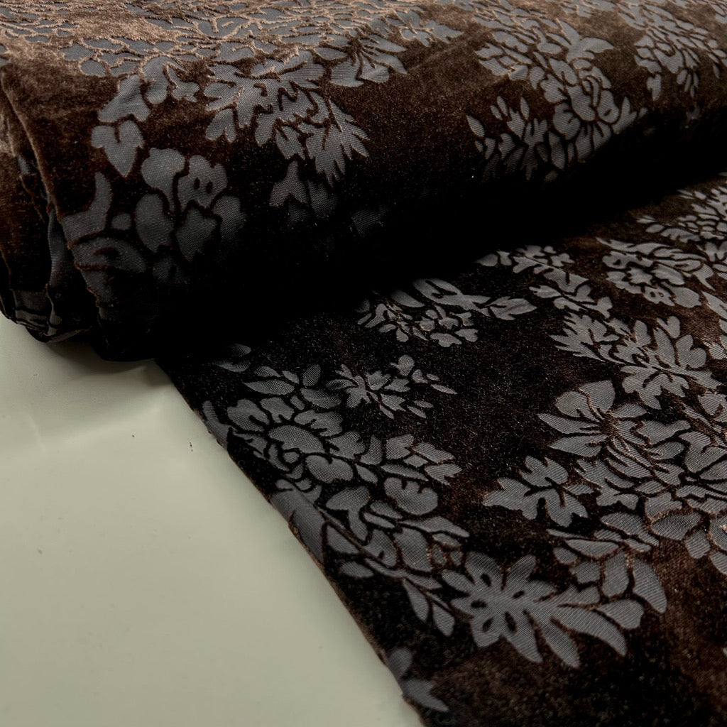 Serene Bloom on Brown Burnout Velour Fabric