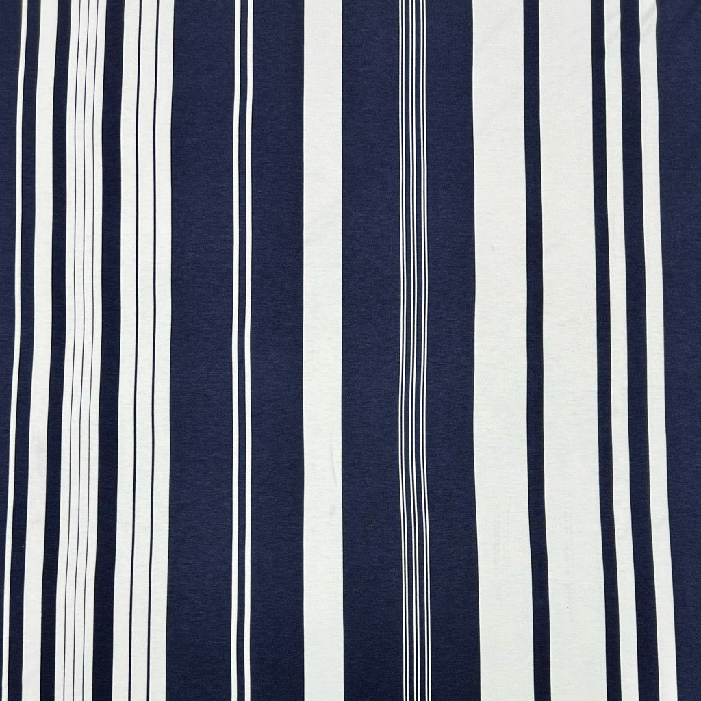 Navy and White Striped Viscose Jersey Fabric