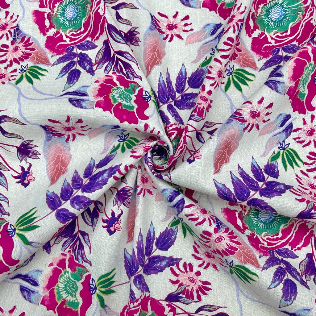 Bright Meadow on White Cotton Linen Fabric - Pound Fabrics